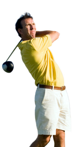 A man swinging a golf club risk-free